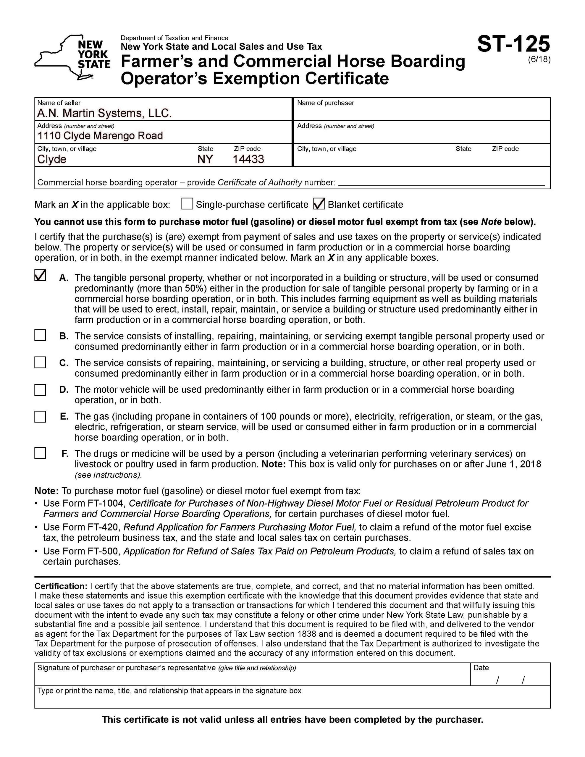 Tax Exempt Forms - A.N. Martin Systems